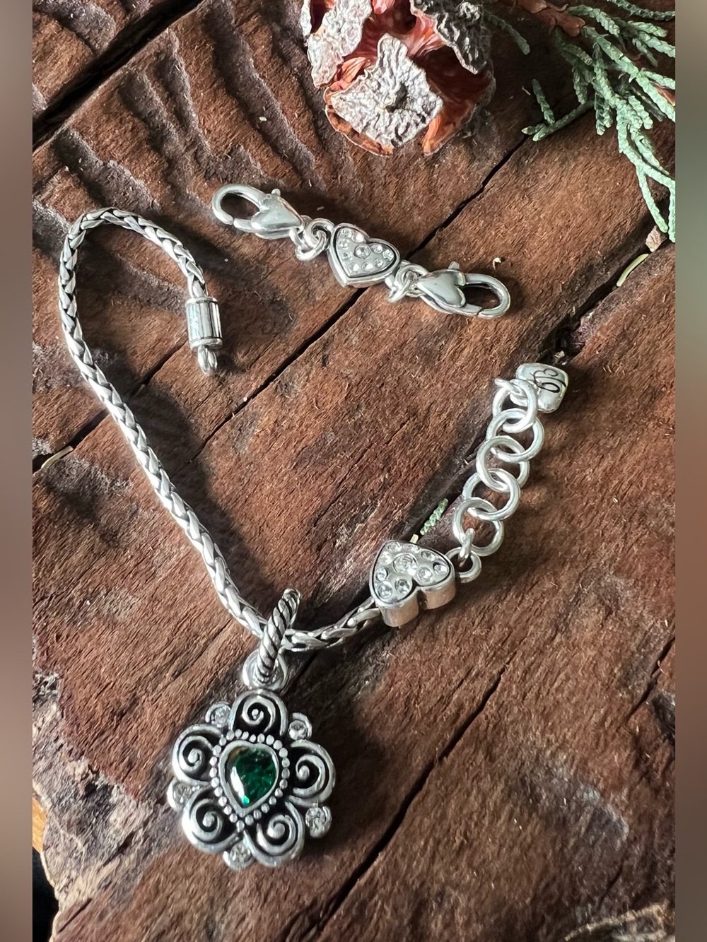 Brighton Charm Heart Bracelet Fine Silver Plated Green Heart Pendant